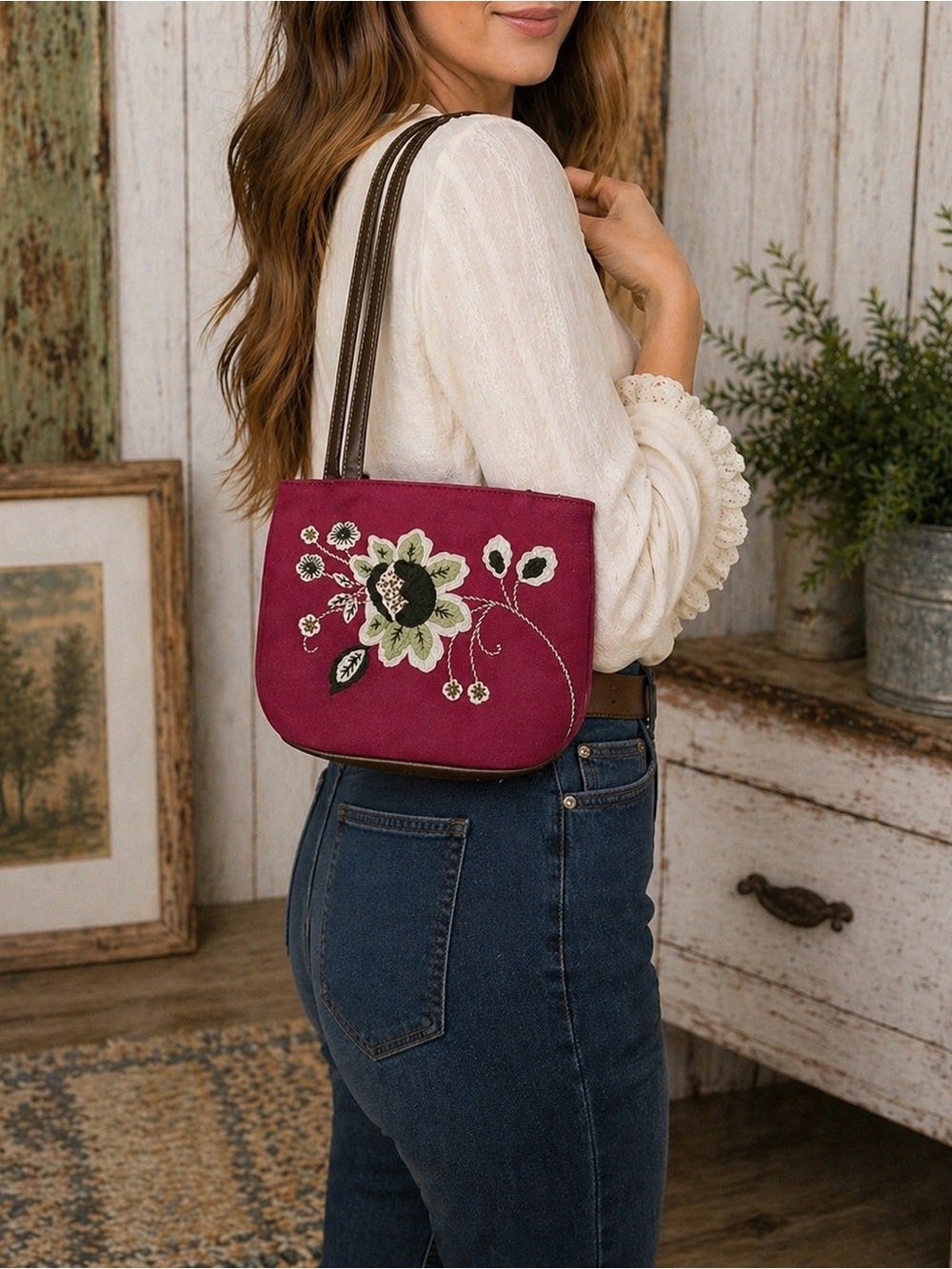 Liz Claiborne Vintage Red Floral Applique Shoulder Bag Boho Satchel